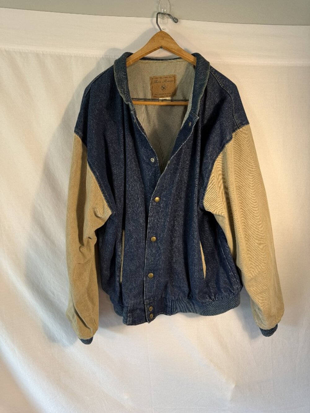 Three Rivers Mens XL Denim Suede Bomber Jacket Snap Button Varsity Trucker Coat